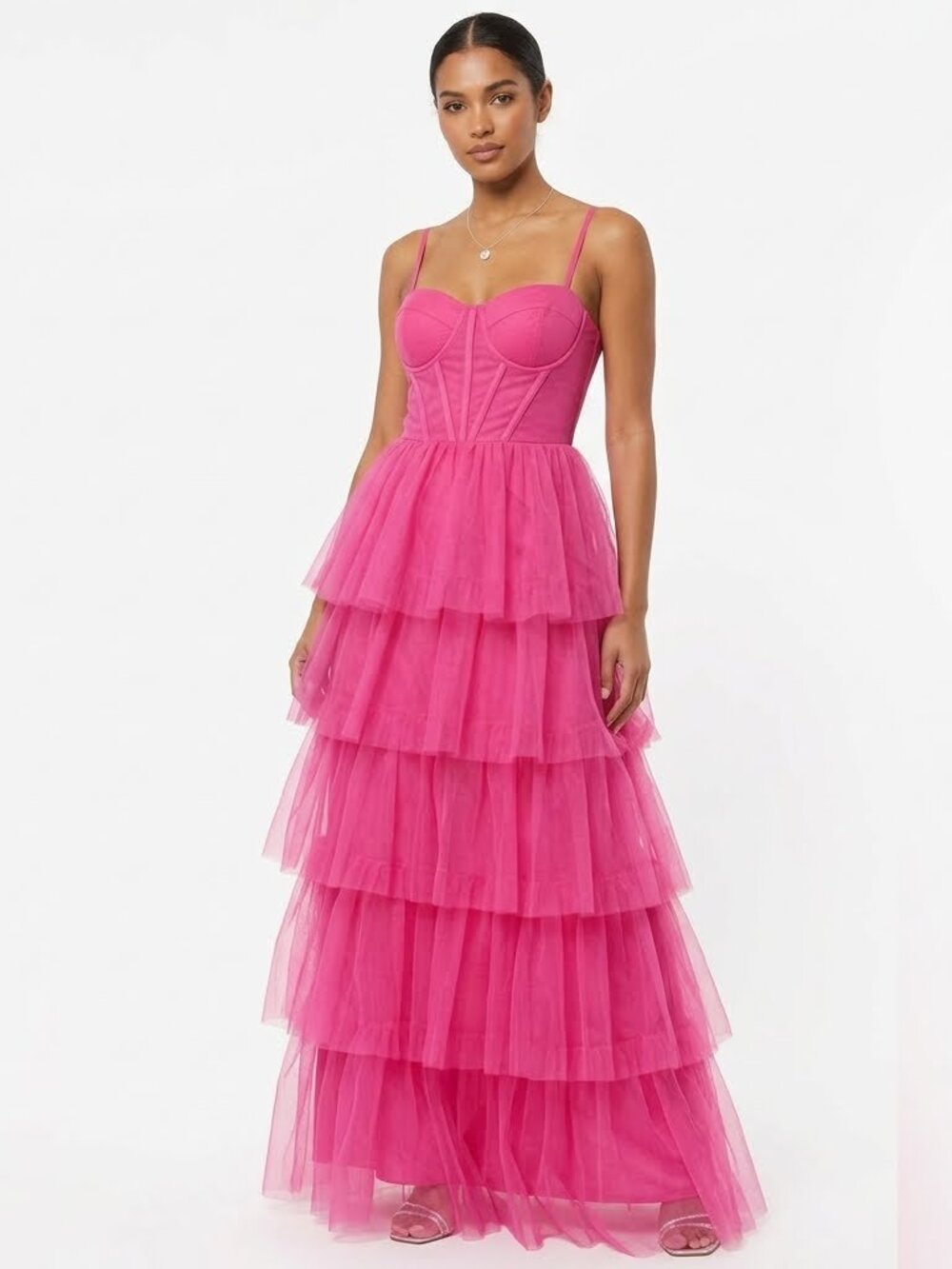 New Size XS Bright Pink Layered Evening Gown